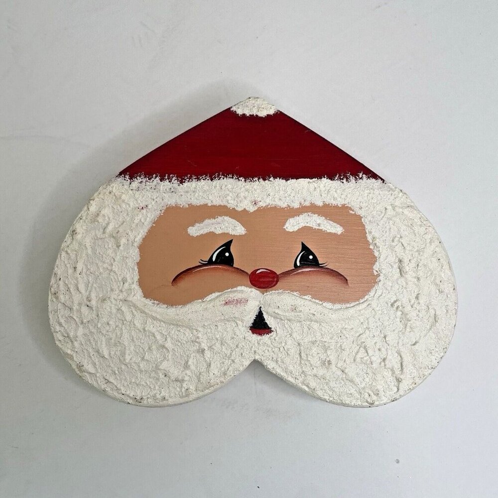Hand Carved & Painted Heart Shaped Santa Wooden Block Rustic‎ Christmas Decor